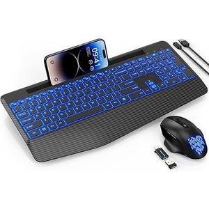 Keyboard and Mouse Wireless Backlits with 7 Changeable Backlits Color, Jiggler Mouse, Wrist Rest, Phone Holder, Ergonomic Quiet Rechargeable Wireless Keyboard and Mouse Combo for PC Laptop Mac