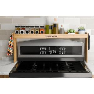 Bamboo Wood Over the Stove Spice Shelf for Kitchen Storage, 31.5" Spice Rack Organizer Stove Top Shelf with 6 hooks, 11.4" Height Extra Oven Back Sink Countertop, Easy to Assemble