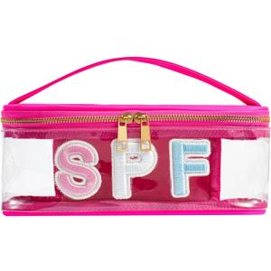 Clear Waterproof Summer SPF Makeup BagAesthetic Transparent Letter Patch Cosmetic Bag with Metal Zipper, Preppy Sunscreen Accessories Storage Organization , Beach Travel Purse(03SPF Hot Pink)