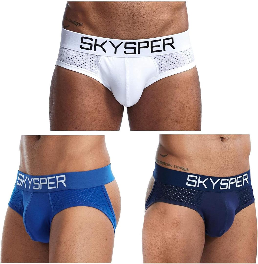 SKYSPER Men's Jockstrap Breathable Mesh 3pcs Jock Strap Male Underwear, Athletic Supporters for Men (Medium, Sg07-blue/White/Navyblue-3pcs)