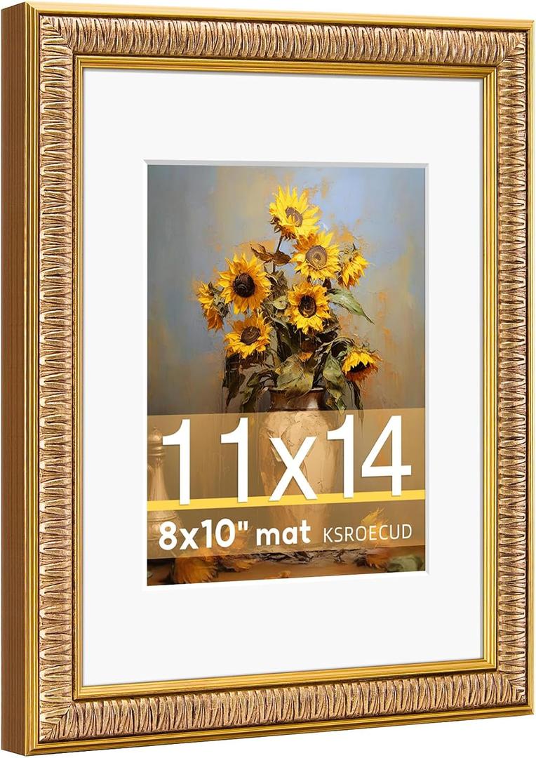 11x14 Picture Frame for 8x10 Photo with White Mat, HD Real Glass 11x14 Vintage Photo Frame, 11 by 14 Poster Frame with Gold Border Horizontal & Vertical Display for Tabletop or Wall Decor (1 Pack)