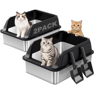 FURTIME Stainless Steel Litter Box with Lid 2Pcs, Enclosed Metal Litter Box