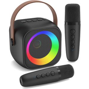 Jeefu Mini Karaoke Machine, Portable Bluetooth Karaoke Speaker with 2 Wireless Microphones, Singing Machine with Party Lights for Kids and Adults, Birthday Gifts for Girls Boys Family Home Party (Black 2 Mics)