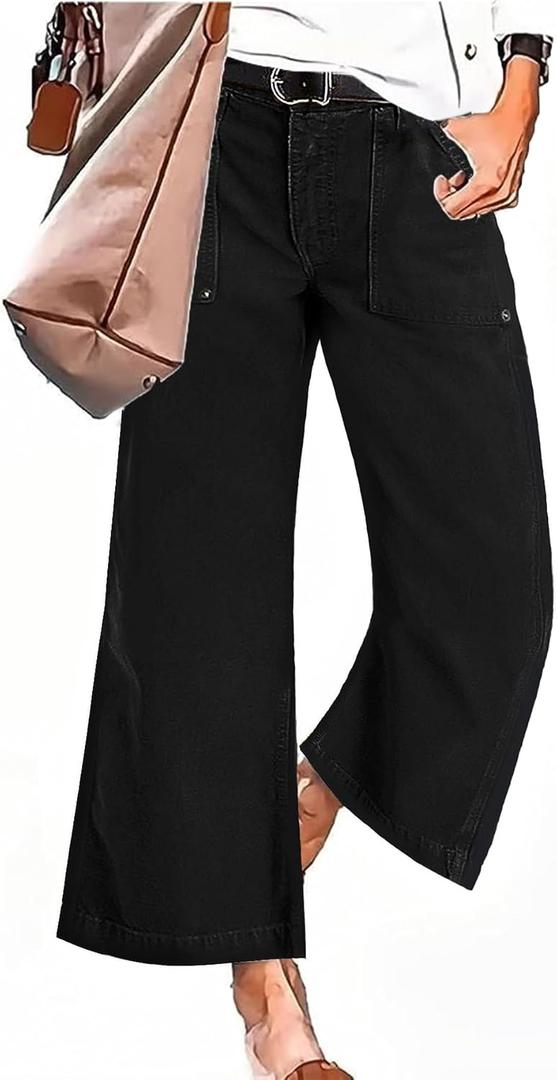 Flamingals Straight Wide Leg Jeans for Women Mid Waisted Casual Raw Hem Denim Capris Pants with Pockets (3X-Large, Black)