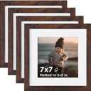 KINLINK 7x7 Picture Frame Brown Set of 4, Wooden Square Photo Frames Matted 5x5 with Plexiglass for 5x5 with Mat or 7x7 without Mat for Table and Wall Display