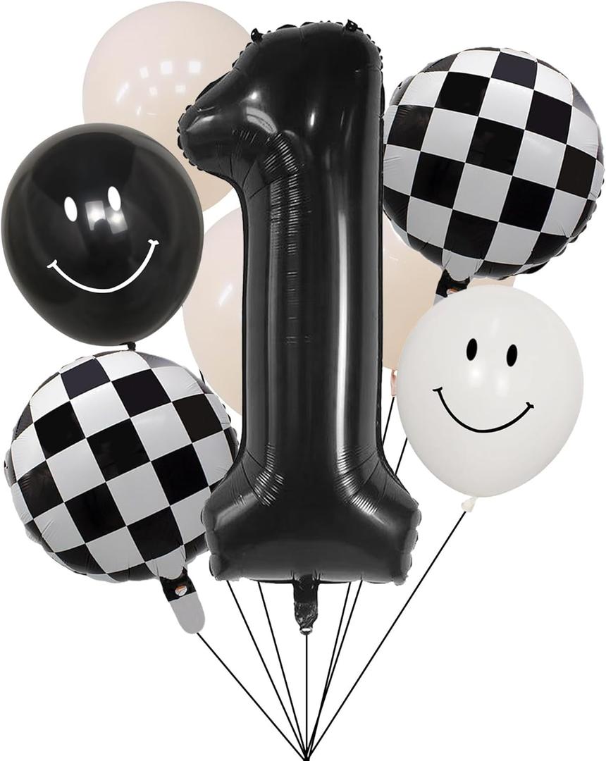 100% liked-One Happy Dude 1st Birthday Balloon Set  40" Black & White Smiley Face Foil + Latex Balloons, Checkered Baby Shower Decorations, Kids Party Supplies for Boys and Girls
