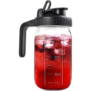 Mason Jar Pitcher, 32 OZ Glass Pitcher with Lid Double Leak-proof with Handle Water Jug Wide Mouth Breast Milk Pitcher Fridge Container for Water, Juice, Iced Coffee, Tea, Juice - Black