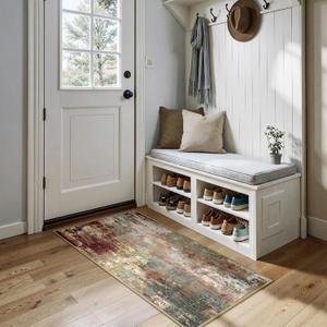RELEANY Washable Area Rugs 2'x5' Non-Slip Modern Abstract Soft for Living Room Entryway Bedroom Nursery, Print Pattern, Brown Rust Red Green Blue Multi