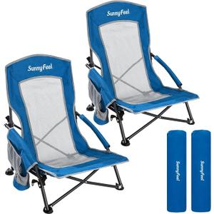 SUNNYFEEL Low Folding Beach Chair for Adults, Portable Lightweight Sling Beach Camping Chairs with Cup Holder, Armrest,Foldable Camp Lawn Chair for Outdoor Sand Concert Travel Sport Events,300LBS