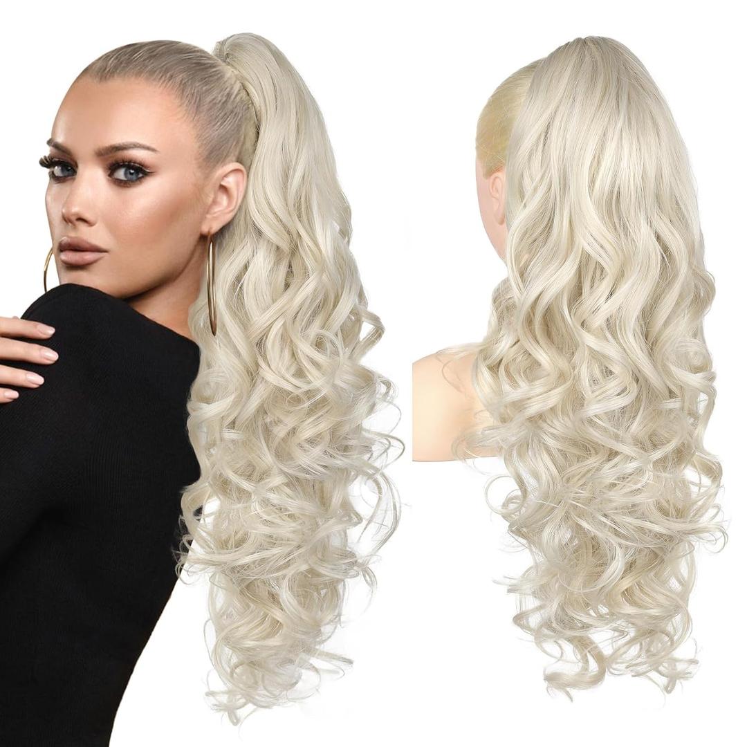REECHO Ponytail Extension, 24" Claw Clip in Long Curly Wavy Ponytail Hair Extension Jaw Clip on Pony Tails Hairpiece for Women - Light Blonde