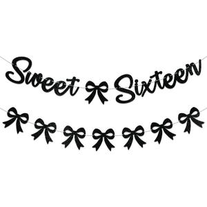 Black Bow Sweet Sixteen Banner - Coquette Black Bow 16th Birthday Party Decorations, Happy Sweet 16 Banner for Girls/Women Birthday Party Black Glitter