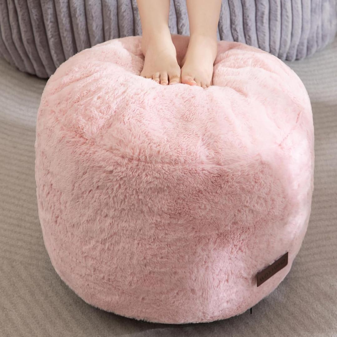 HIGOGOGO Pouf Stuffed Ottoman Round Modern Foam Filled Foot Rest Chair Decorative Poufs 20 x 15 Inches Fluffy Boho Comfy Stool for Living Room, Pink