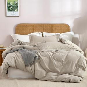 JELLYMONI 100% Washed Cotton 3 Pieces Cream Grey Duvet Cover Queen Size - Linen Like Textured Breathable Comforter Cover with Pillow Shams (Cream Grey, 90"x90")