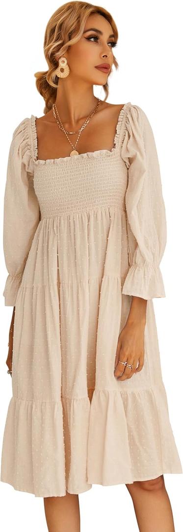 R.Vivimos Women's Summer Cotton Plaid Puff Sleeves Bow Casual Off-Shoulder Boho Midi Dress (Beige, M)