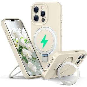 Liquid Silicone Case for iPhone 15 pro max with Magnetic Ring Stand, Upgraded Camera Lens Protection, Mil-Grade Drop Shockproof, Anti-Scratch Microfiber Lining Silicone Case (Beige)
