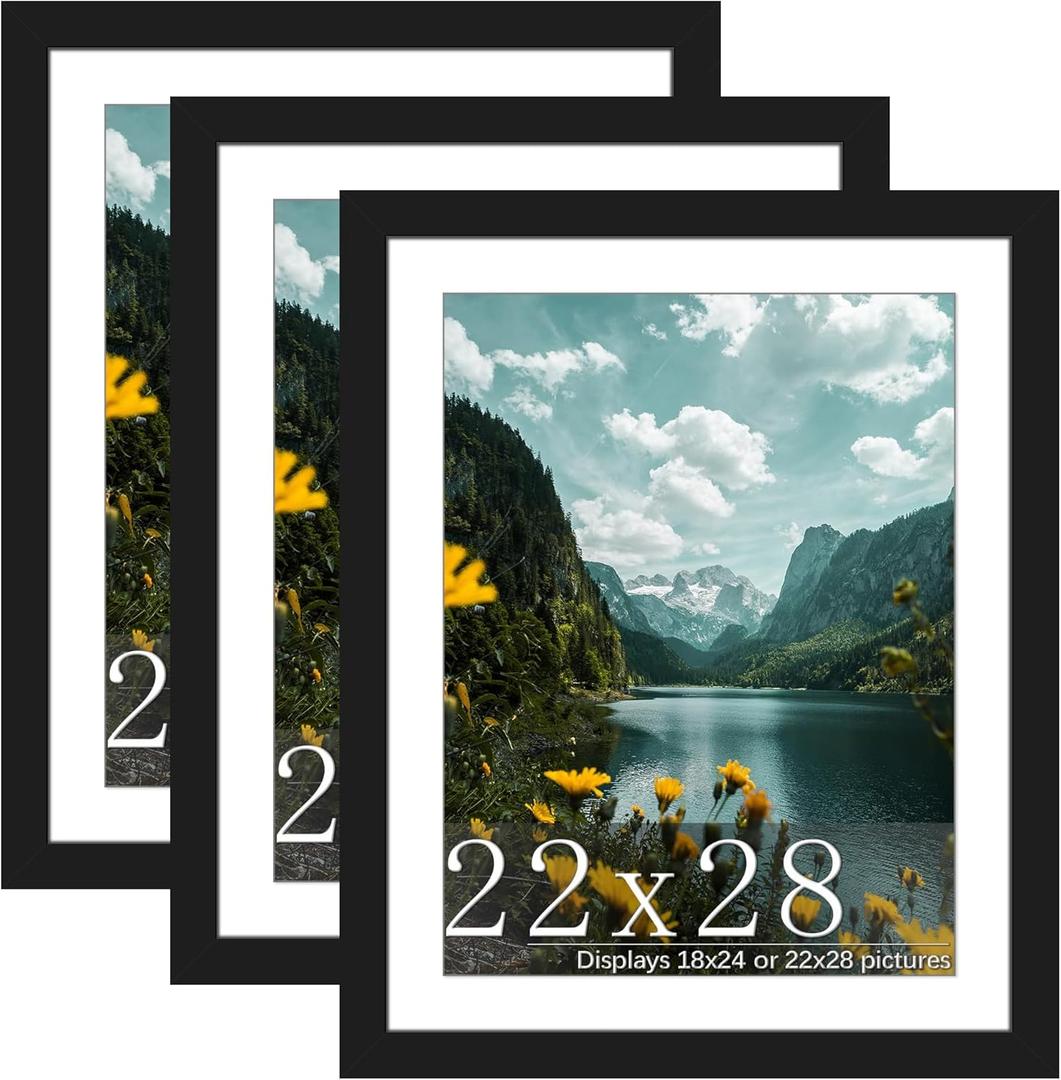 Picrit 22x28 Frame 3 Pack, Black Poster Frame, Display Poster 18 x 24 with Mat or 22 x 28 without Mat for Horizontal or Vertical Wall Mounting