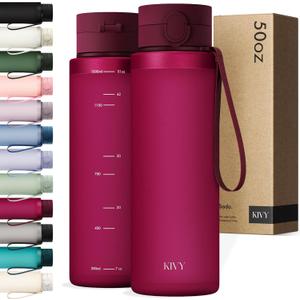 KIVY Slim Water Bottle 50oz with Leakproof Flip Lid [Lightweight & Shatterproof] Fits Backpack & Cupholder for Travel, Sports, School - Extra large water bottle no straw - 1.5 Liter water bottles (50.7 Ounces, 03 Dark Ruby)