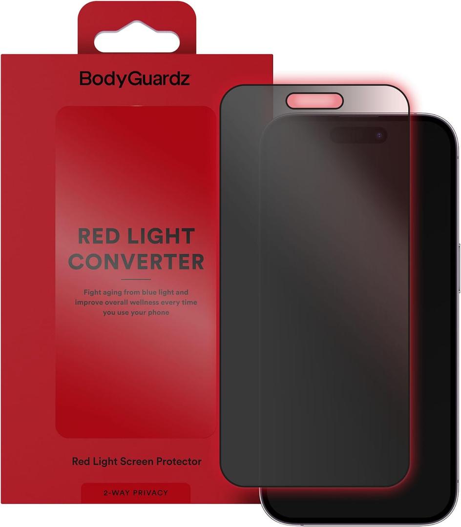 BodyGuardz Red Light Converter Privacy Screen Protector  Passive Red Light Therapy for Face - Promotes Better Sleep, Healthier Skin, Reduced Eye Strain - Privacy Glass, Easy Install (iPhone 17 Pro / 16 Pro)
