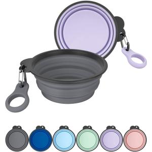 Aonkey Collapsible Dog Bowls with Bottle Carrier, 2 Pack Travel Dog Water Bowl Upgraded Carabiner, One-piece Molded Rim No Fall Off or Crack, Foldable Silicone Portable for Pets Walking Hiking 15oz (9. Gray & Light Violet)