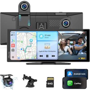 Carpuride Carplay Screen for Car with 4K Dash Cam & 1080P Backup Camera 11.26" Portable Car Play Touchscreen Wireless Carplay & Android Auto, Loop Recording, Voice Control, GPS Navigation, Mirror Link