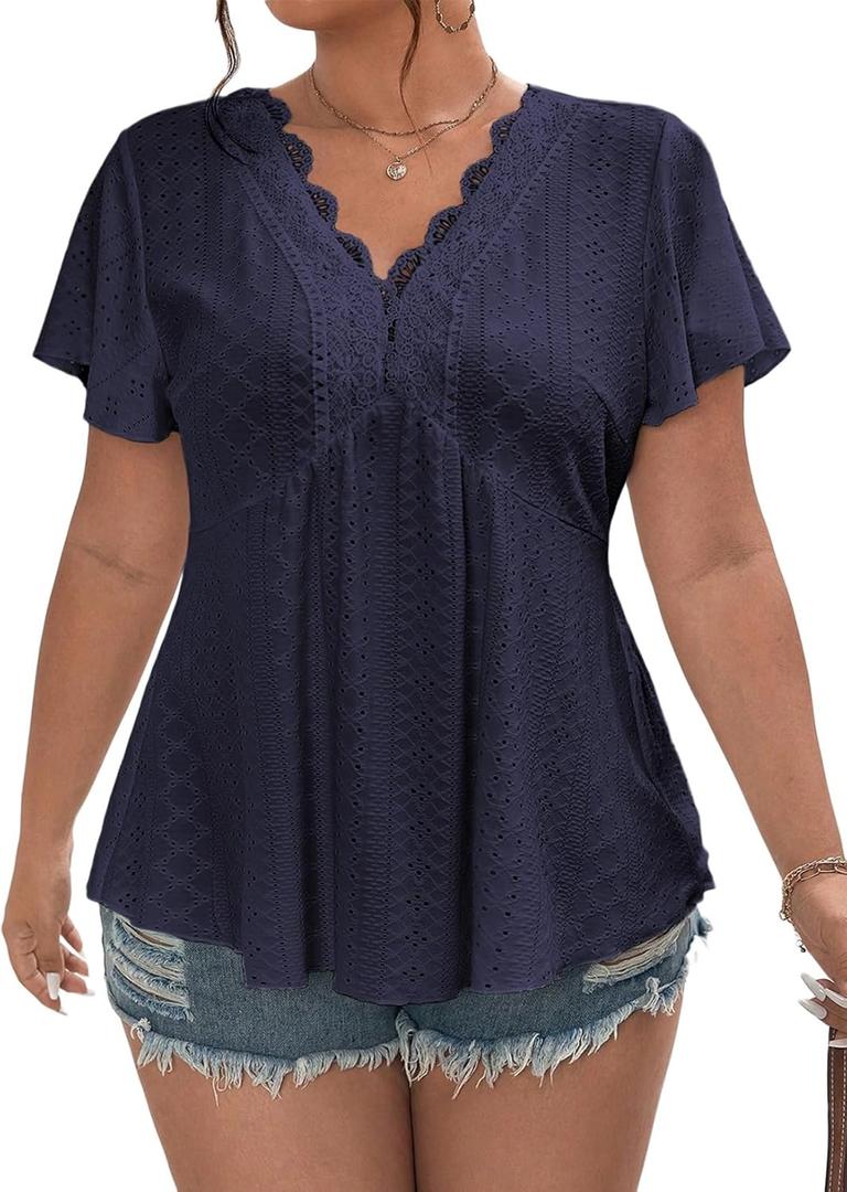 Eytino Plus Size Tops for Women Lace V Neck Short Sleeve Eyelet Embroidery Summer Blouse Loose Peplum Shirts,2X Navy Blue
