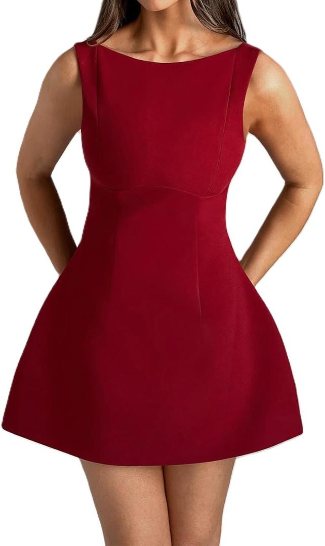 Women Sexy Backless Mini Dress Sleeveless Open Back A Line Formal College Graduation Dress (Medium, Red)