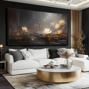 Flower Wall Decor Living Room Decor Modern Artwork 24"x 48" Gold and White Wall Art Floral Large Black Framed Plants Paintings Room Decor