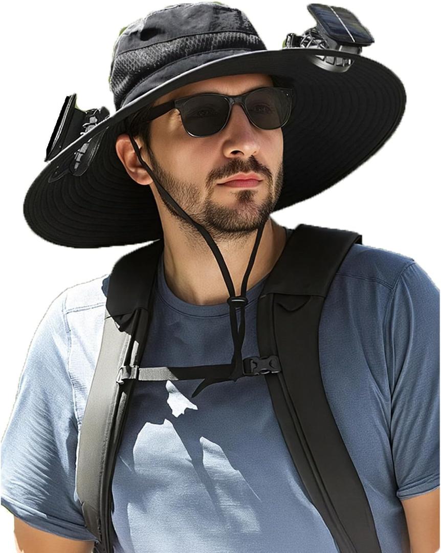 Solar Powered Fan Hat with 2 USB Solar Charging Removable Fans Wide Brim Sun Hat for Outdoor Fishing, Hiking Gardening