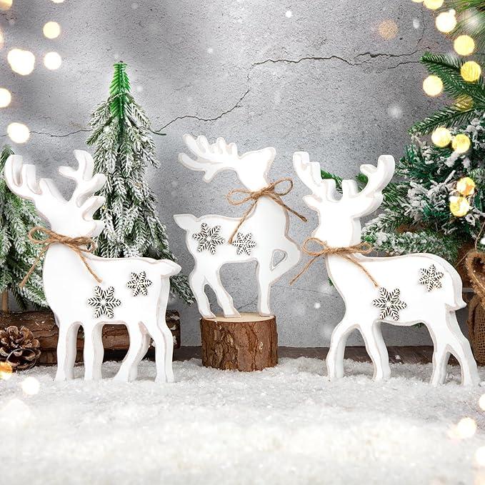 3Pcs Cute Christmas Tiered Tray Decor Indoor, Wooden Farmhouse Reindeer Christmas Tabletop Decorations Xmas Centerpiece, Rustic Reindeer Sign Standing Elk Decor for Home Shelf (White)