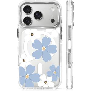 Magnetic Case for iPhone 17 Pro Design On Clear Base, Compatible with MagSafe, Slim Protective Soft TPU Bumper Phone Cover Women Girls Case-Cute Blue Flower Garden