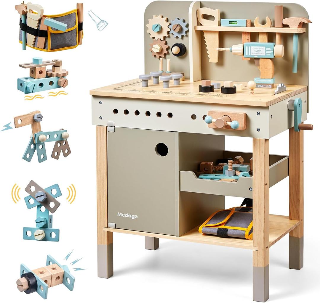 Kids Tool Bench,Wooden Play Tools Set with Kids Tool Belt Toddlers Workbench Pretend Construction Tools Set Wooden Toy Drill Gift for Boys & Girls Age 3-5, 30 cm x 48 cm x 71 cm