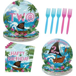 96 Pcs Mna Two Party Supplies Mo Second Birthday Plates and Napkins Hawaiian Luau Theme Tableware Set for Girls Boys Tropical Luau Summer 2nd Birthday Party Supplies, Serves 24