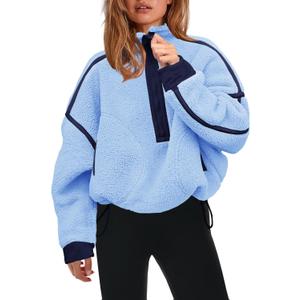Panadila Womens Half Zip Sherpa Fleece Pullover Soft Oversized Sweatshirt with Pockets Warm Fuzzy Sweater (Blue, M)