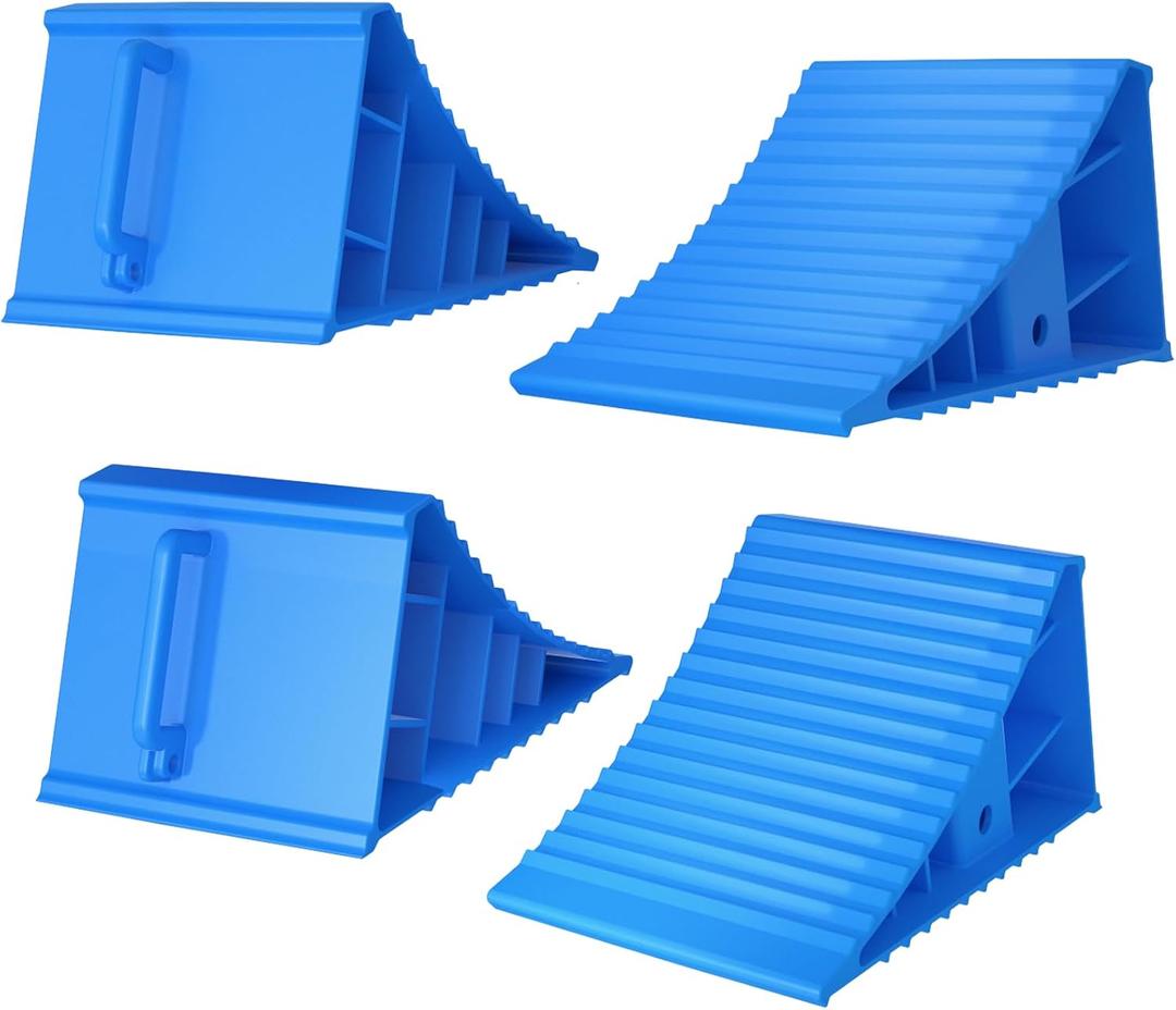 4Pack Wheel Chocks for RV Trailer Non Slip Heavy Duty Blue Camper Wheel Chocks with Handle for Easy Removal Polypropylene Wheel Stoppers for Cars Campers Trucks Rvs