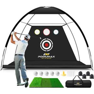 PodiuMax Golf Net, 10x7ft Golf Practice Net and Mat, Noise Reduce Target, 5 Balls, 4 Sandbags, Tee, Carry Bag, Hitting Nets for Backyard Garage, Indoor Driving Chiping, Gift for Men & Golfers