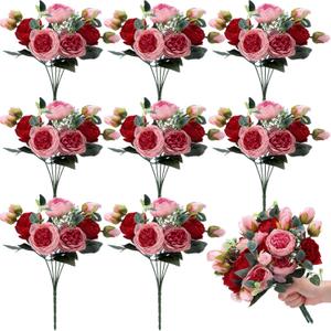 Yunsailing 8 Pack Artificial Peony Flowers Faux Silk Hydrangea Bouquet Wedding Home Table Decor Reusable Bouquet of Rose Flower for Birthday Wedding (Red and Pink)