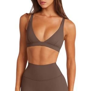 LASLULU Womens Coffee Brown Deep V-Neck Sports Bra Padded Wireless U Back Workout Bra Low Impact Gym Workout Yoga Crop Tops Sexy Brown Large