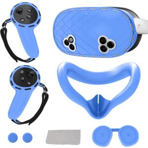 8-in-1 Silicone Cover Set for Meta Quest 3s Accessories, Juylay VR Protective Cover Accessories for Oculus Quest 3S with Facial Interface, Shell Cover, Controller Grip Cover, Joystick Caps,Blue