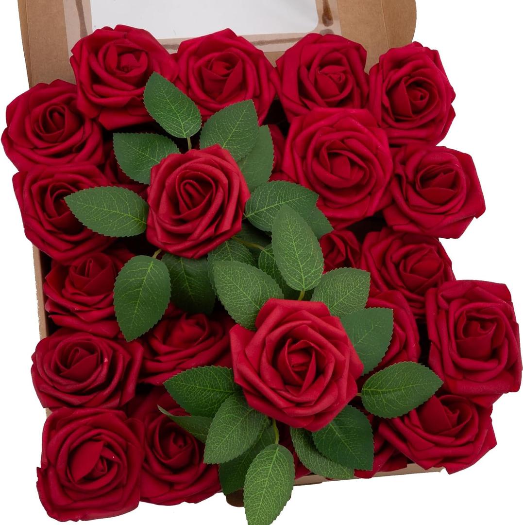 100pcs Artificial Flowers Dark Red Rose Real Looking Fake Foam Roses with Stem for DIY Wedding Bouquets Bridal Shower Centerpieces Arrangements Party Home Decorations