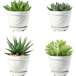 Sureasy Succulent Pots, 3.5 Inch Flower Pots for Indoor Plants, Small Plant Pots with Saucer & Drainage, Decorative Ceramic Planters for Succulent, Cactus, Set of 4, White