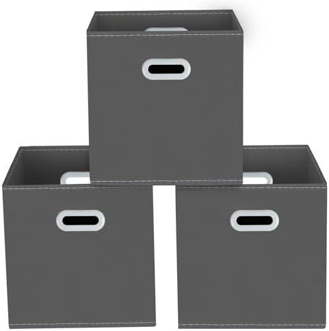 Yunkeeeper storage bins Cubes, Fabric Cube Organizer with Handle, Foldable Cube Bins for Cloth or Accessary Storage, 11x11x11, Set of 3,(Gray)