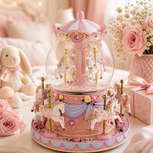 Pink Carousel Snow Globe Music Box with LED Lights, Rotating Horse Merry Go Round, Wind Up Musical Snow Globe Plays Castle in the Sky, Gift for Daughter Granddaughter Women
