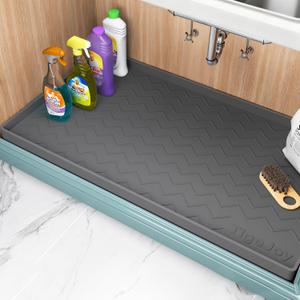 TigeJoy Under Sink Mat for Kitchen Cabinet 34" x 22", Upgraded Thick Silicone Waterproof Protector with Raised Edge, Anti-Leak Shelf Liner for Bathroom Tray Sink Organizers and Storage, Dark Gray 