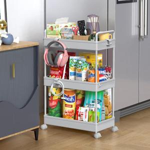 SOLEJAZZ 3 Tier Rolling Storage Cart with Wheels Slim Craft Nail Makeup Snack Art Baby Utility Cart Organizer on 2 Lockable Wheels for Bathroom Laundry Room Kitchen Bedside Narrow Spaces, Gray