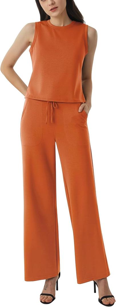 AFITNE Women's 2 Piece Lounge Set Air Essentials Outfits Sleeveless Tank Crop Top Wide Leg Sweatpants 2026 Tracksuit (Coffee691)