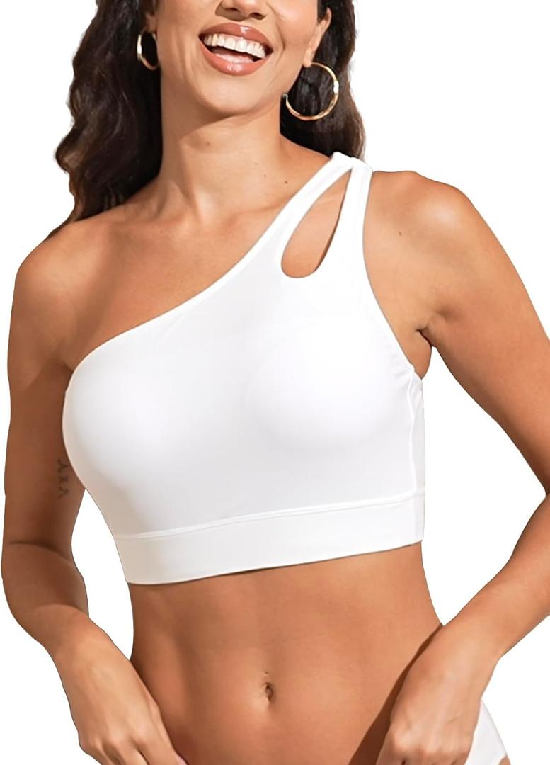 Womens Bikini Tops Push Up Bathing Suit Top One Shoulder Swimsuit Tops Full Coverage Swim Top Only (Medium, White)