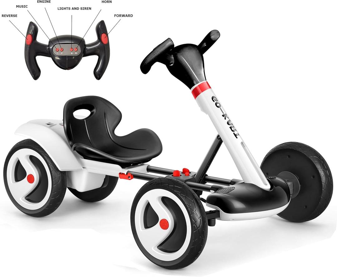 Rovox Kids Ride On Car Go Kart 6V Battery Operated Electric Car Safety for Young Kids 2 3 4 5 6 Years Old Speed 3Mph Speed with Light Sounds and Music, Black & White