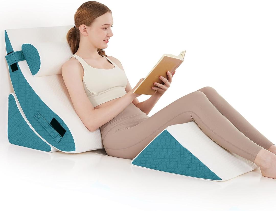 4PCS Orthopedic Bed Wedge Pillow Set - Post Surgery Pillows for Neck Back and Leg Pain Relief - Wedge Pillows for After Surgery for Acid Reflux & Sleeping & Heartburn (White Blue)