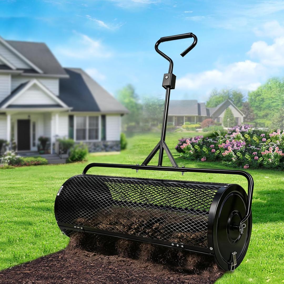 Compost Spreader 36 Inch Push/Tow Peat Moss Spreader with Installation Support, Powder-Coated Metal Mesh Roller Spreader for Manure , Lawn Care, Garden Spreading, Top Dressing & Mulch - Soil Spreader