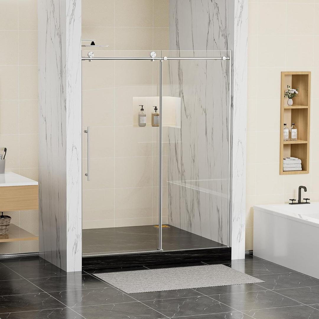Frameless Sliding Shower Door 56-60 in W x 75 in H,Frameless Shower Door with 5/16" (8mm) Clear Tempered Glass,Silent Soft-Close Design,Brushed Nickel